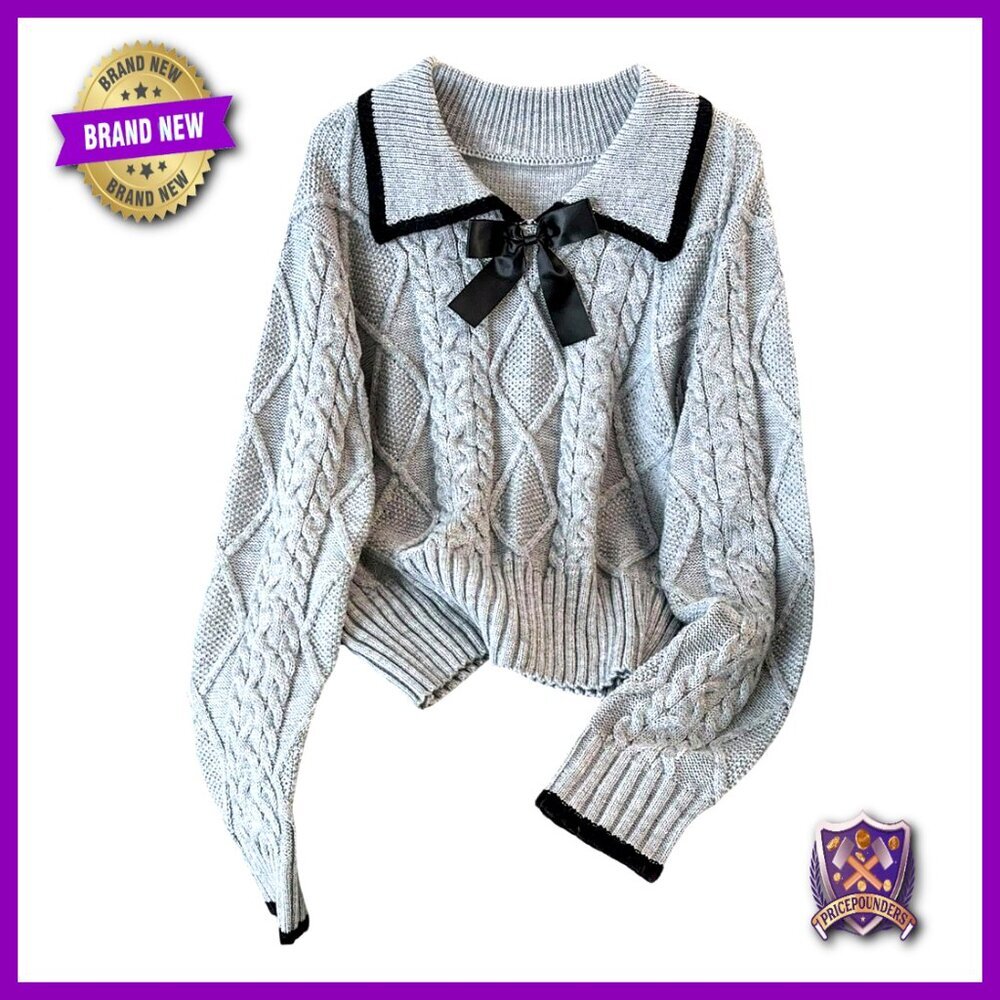 Plus Size Cable Knit Sweater Cozy Bow Top Pullover Fall Preppy